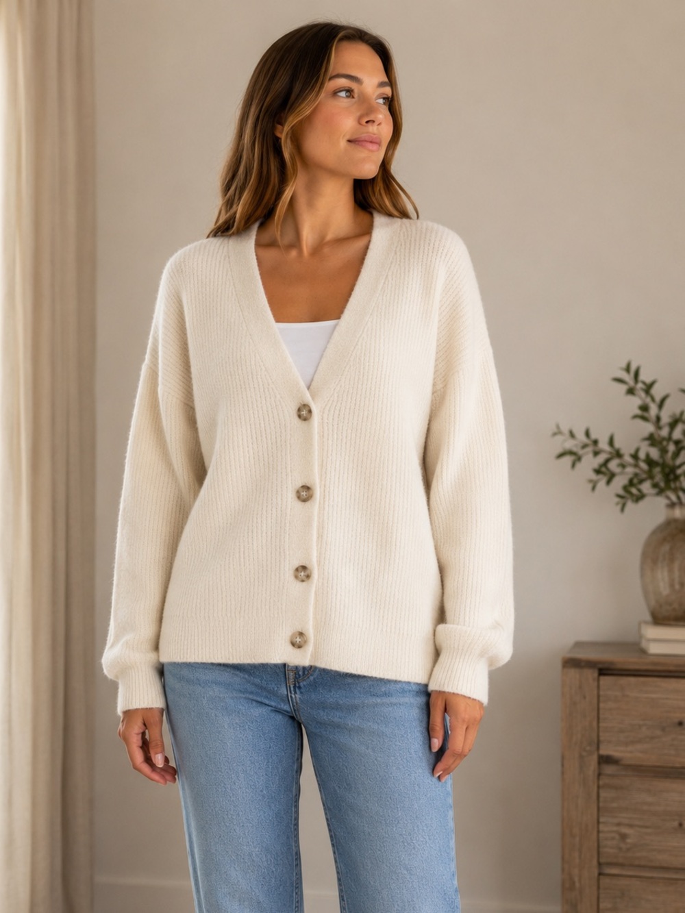 American Eagle Outfitters Cream Button-Front V-Neck Cardigan
